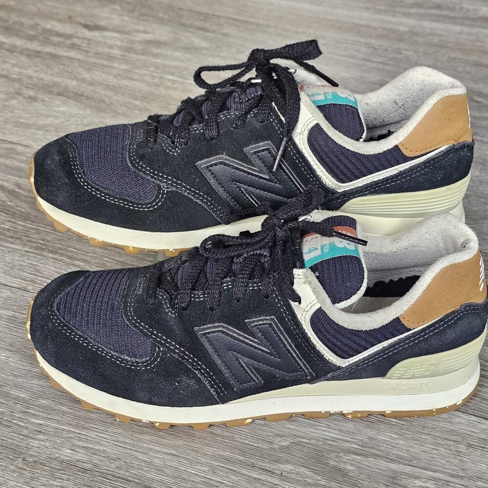 New Balance 574 Shoes Womens 9.5 Black Gum Retro Running Sneaker Suede ENCAP